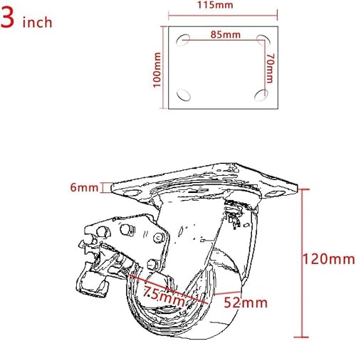 75mm Casters Heavy Duty Castor Wheels 2000kg Industrial Swivel Castors with Brake Low Center of Silent Nylon Iron Core Double Bearing 4 Pcs