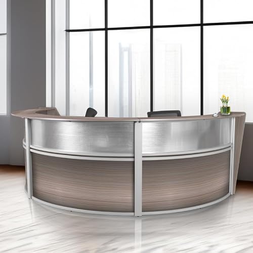 Romig Marque Plexi Triple-Unit Reception Curved Desk Workstation “143.50W x 71D” - Driftwood Grey
