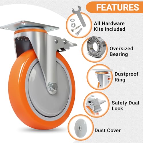 6 Inch Swivel Caster Wheels Set of 4, 2600lb Capacity, Silent Polyurethane Wheels with Locking Brakes – Industrial Plate Mount Casters for Heavy Equipment, Furniture Dollies, Tool Carts
