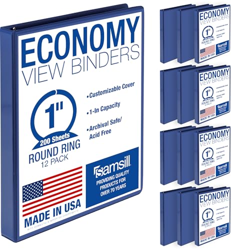 Samsill 1 Inch 3 Ring Binders, Economy Round Ring, Clear View Cover, 200 Sheet Capacity - for School, Home, Office - Blue, 12 Pack