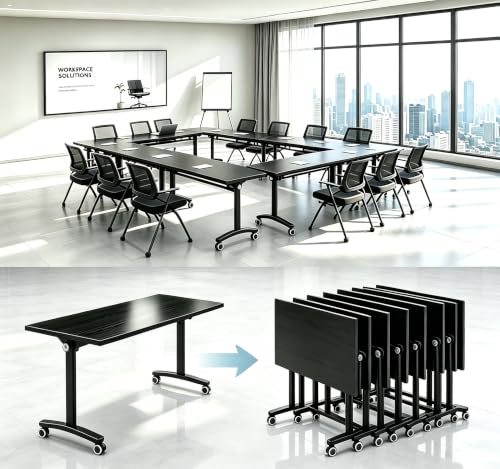 Modern Conference Table, Folding Conference Table with Wheels, Flip Top Mobile Meeting Table, Modular Seminar Training Room Table for Classroom,Seminar,Training Room,Black,47IN,2