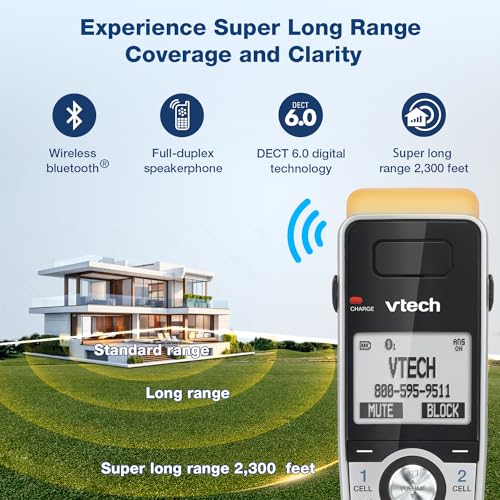VTech IS8151-3 Super Long Range 3 Handset DECT 6.0 Cordless Phone for Home with Answering Machine, 2300 ft Range, Call Blocking, Bluetooth, Headset Jack, Power Backup, Intercom, Expandable to 12 HS