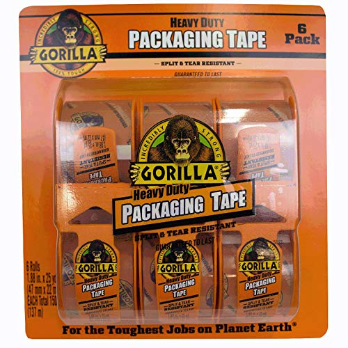 Gorilla 6034015 Heavy Duty Packing Tape with Dispenser for Moving - 1.88" x 25 yd, Clear, (Pack of 6)