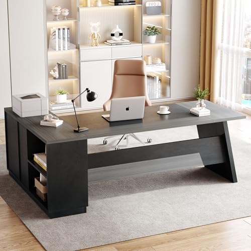 LITTLE TREE 78-Inch Executive Office Desk with File Cabinet, Large Modern Corner Office Desk for Home Office, 3-Drawer Wood File Cabinet, Spacious Workstation for Home Office (Grey & Black)