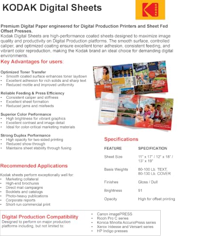 KODAK Digital Paper - 19 x 13, 100 lb Cover, Gloss White Premium Digital Printing Stock, 500 Sheets per Carton