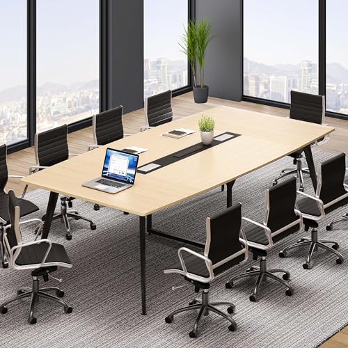 YITAHOME 90" Boat Shaped Conference Table with Power Outlets, Light Wood