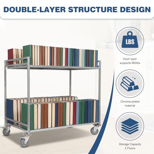 2-Shelf Utility/Service Cart Metal Rolling Storage Cart with Wheels 660lbs Capacity with Handle for Warehouse/Garage/Cleaning/Manufacturing