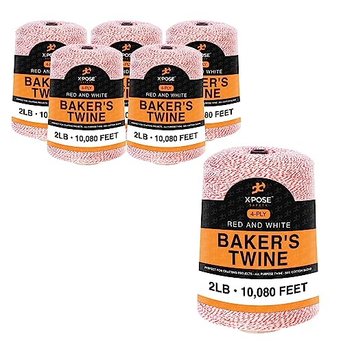 Baker’s Twine, 2 Pound Cone – 4 Ply Red and White String Pack of 6 to Tie Cake Boxes, for Arts and Crafts, Gift Wrapping and More - 50% Cotton 50% Poly - 10,080 Feet - Pack of 6 - by Xpose Safety