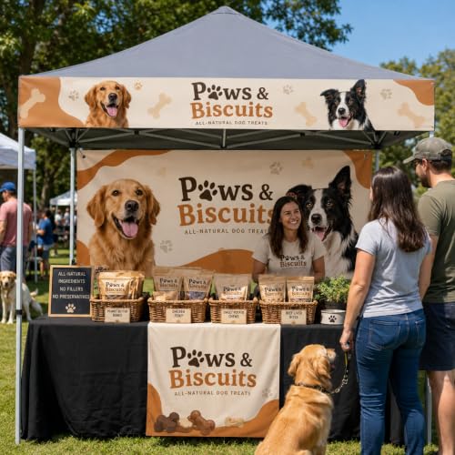 Custom Farmers Market Vendor Booth Bundle – Personalized Vinyl Tent Banner, Backdrop Banner & Table Runner, 3-Piece Branding Kit for Craft Fairs, Vendor Events and Trade Shows