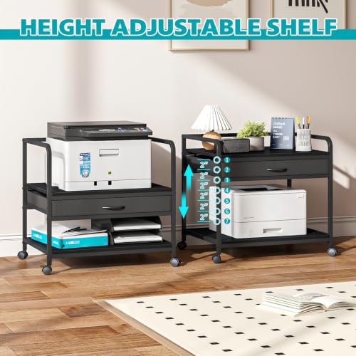 Riodalare Under Desk Printer Stand with Wheels - 25"x19" Large Printer Cart with Storage Drawer, 2-Tier Height Adjustable Printer Desk Cart, Heavy Duty Printers Riser for Home Office (Black)