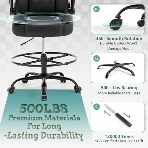 Ergonomic Drafting Chair, Tall Office Chair for Standing Desk, High Back Standing Desk Chair with Flip-Up Armrest, Adjustable Height&Foot Ring, Executive Extended Height Office Chairs,PU Leather Black