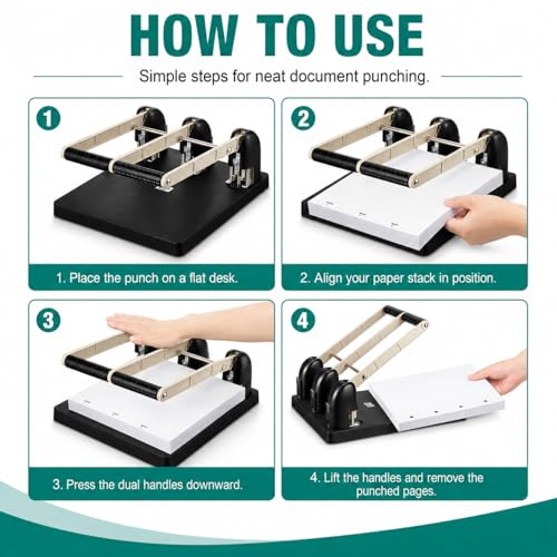 3 Hole Punch Heavy Duty, 150 -Sheet Three Hole Punch with Labor Saving Handle, Paper Feed Depth 12mm, Long-Lasting Durability, for Offices, Families, Study Rooms, Print Shops