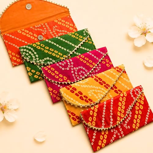 LoveNspire Brocade Fabric Money Envelopes (7.5 x 3.5 Inch) Decorative Bandhani Pattern Shagun Lifafa for Indian Wedding, Birthday | Cash Gift Holder & Home Savings Organizer Yellow/Pack of 10