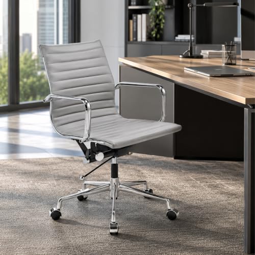 CAROCC Gray Office Chair, PU Leather Mid Back Adjustable Desk Chair