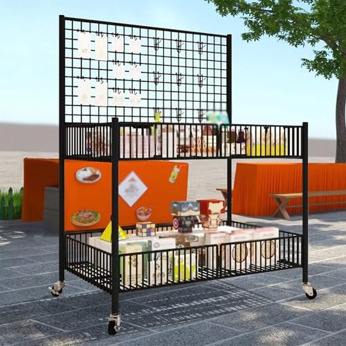 MLYAYE Rolling Metal Wire Retail Display Stand with 4 Wheels & 10 Hooks, Mobile Street Food Vendor Cart for Craft Show Fair/Flea Market/Events, Gridwall Panel Showing Rack(Black,31 1/2inch)