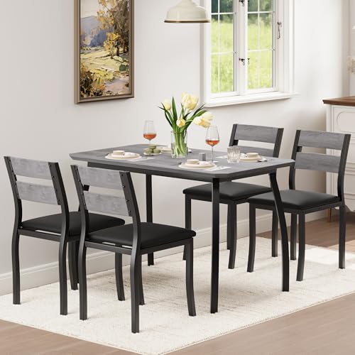 Garvee Dining Table Set for 4, Modern Metal & Wood with Cushion Seats, Gray