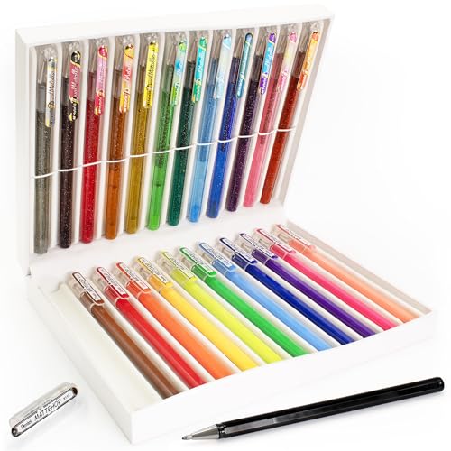 Pentel 24 Colour Gel Pen Set - 12 Mattehop & 12 Dual Metallic Pens | Vibrant Matte & Shimmer Ink | Art, Journaling, Scrapbooking | Gift Set in Pearl Desk Set Gift Box for Artists & Crafters