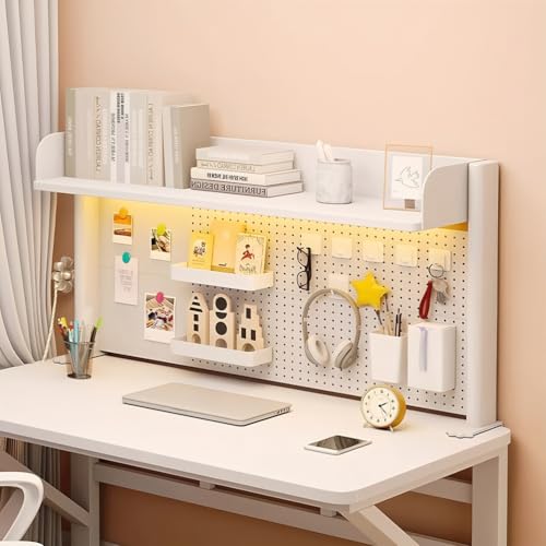 Clamp on Desk Shelf, Multipurpose 2-3 Tier Desk Hutch with Pegboard, Wood Desktop Countertop Storage Organizer Height Adjustable,Desktop Bookshelf for Dorm,Office Home,White tall15in long31in