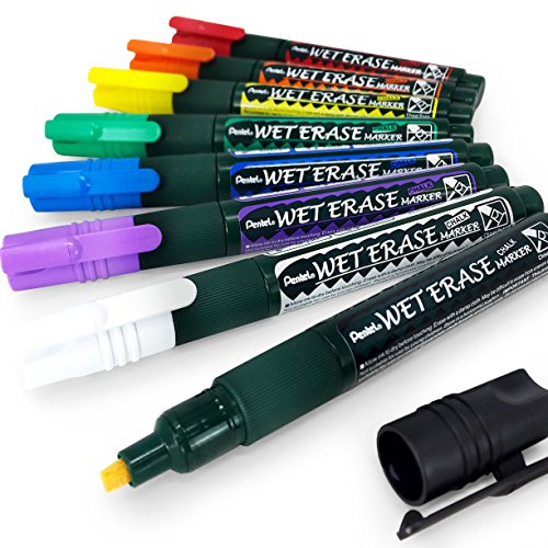 Pentel Wet Erase Chalk Marker Pen – Medium Chisel Tip – Pack of 8-1 of Each Colour- SMW26