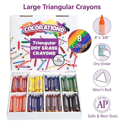 Colorations® Large Triangular Dry Erase Non-Roll Crayon Classpack, 8 Colors, 12 of each, Set of 96, Shape is Easier to hold & grip, Glide easily, Non Toxic Crayons, Kids Crayons, School Supplies