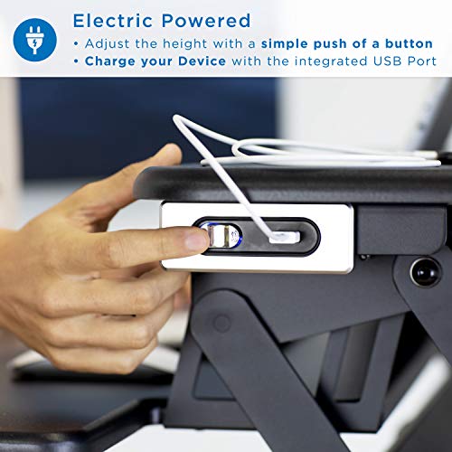 Mount-It! Electric Standing Desk Converter 35.4" Quick Sit Stand Desk Riser, Computer Workstation Motorized Easy Convertor with Built-in USB Charging Port, Ergonomic Height Adjustable in Black