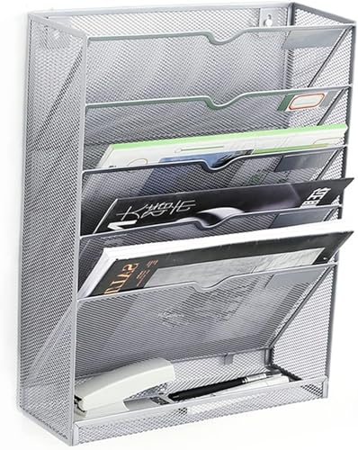 DOIBG 5 Tier Vertical Wall File Organizer Metal Mesh Wall Mount Hanging File Holder with Hanging Hole Paper Document Magazine Rack for Office Home School, Silver