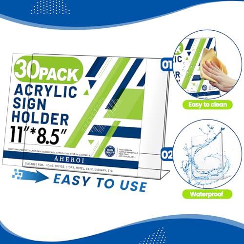 Aheroi Acrylic Sign Holder 8.5x11, Plastic Sign Holder Standing Bulk 30Pcs