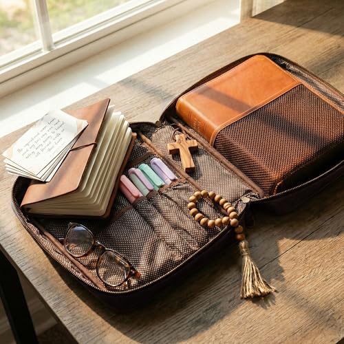 LEATHER VILLAGE Large Leather Bible Cover with Carry Handle & Zipper Brown