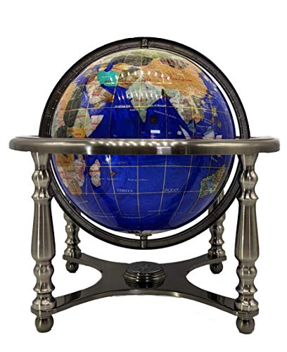 Limited Edition! Unique Art Since 1996 Blue Pearl Swirl Table Top Gemstone World Globe with Silver Zinc Alloy Stand (220MM/9 INCHES 4 LEG/BLUE PEARL OCEAN)