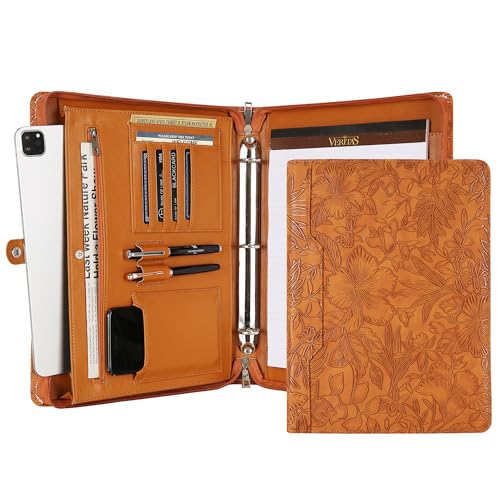 Vegan Leather Padfolio, Brown Binder with Pattern - 3 Ring Portfolio Organizer, Personalized Resume Folder (Pink)