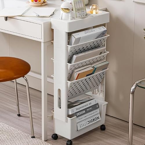 SXHEYUY 5 Tier Book Rack, Mini Space Storage Bookshelf, Large Capacity Decorative Movable Storage Shelving with Colored Pencils, Book Shelf Tall Narrow for Office Bedroom School,Yellow