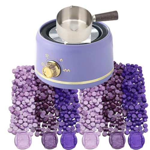 Sealing Wax Warmer Electric with 300Pcs Purple Waxseal Beads, a 80ml Large Spoon, a Non-Slip Melt Scoop, Electric Wax Seal Melting Warmer Furnace Kit(300 Purple White Set)