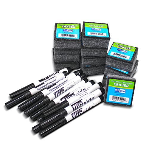 Flipside Products 12 Student Erasers, 12 Black Dry Erase Markers, Class Pack, Classroom, Small Erasers for Whiteboard and Chalkboard, 24 Total Pack