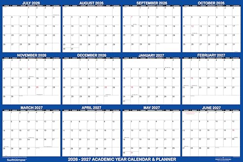 47" x 72" SwiftGlimpse 2026-2027 Academic Wall Calendar Erasable Large Jumbo Oversized Wet & Dry Erase Laminated 12 Month Planner, July 2026 to June 2027 ONLY - NAVY