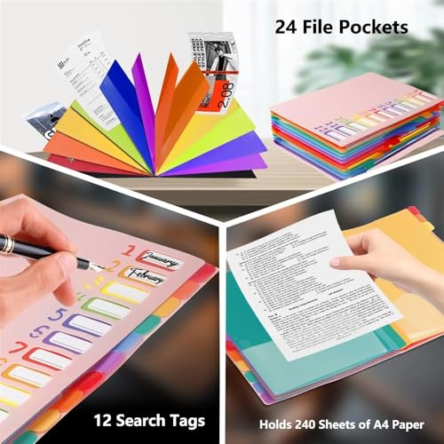 File Folders A4 Letter Size, Multicolor 12 Pocket Expanding Project Sorter Heavy Duty Monthly Plastic Expandable Folder Organizer File Jacket(White)
