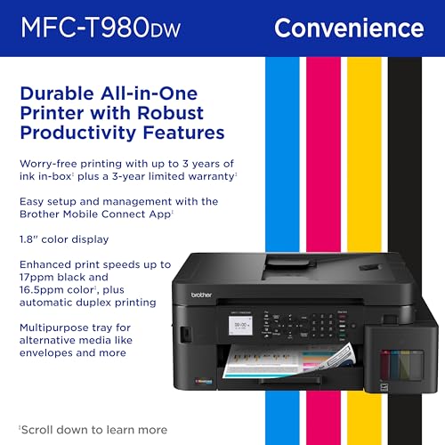 Brother INKvestment Tank 980 Wireless and Ethernet Color Inkjet All-in-One Printer with Multipurpose Tray | Includes up to 3 Years of Ink in-Box(1) and Limited Warranty(2) (MFC-T980DW)