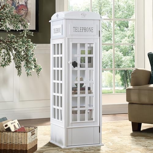 Wooden Telephone Standing Bookshelf Vintage,5-Tier Floor Booth with Acrylic Door,Living Room Storage Display Bookshelf,for bookstores, Living Rooms, and cafes(White)