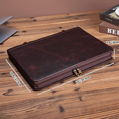Geslun Leather Portfolio Zippered 3 Ring Binder with Hidden Handle and Clip