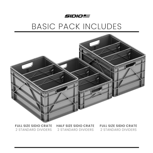 SIDIO Basic Pack, Heavy Duty Stackable Storage Bins with Dividers, Gray