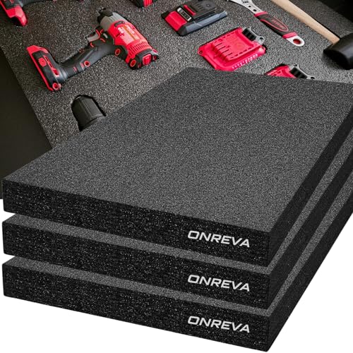 ONREVA Tool Box Foam Organizer 22x18x2 inch 3Pack, Kaizen Sheets for Pro Tool Control, Custom Tool Shadow Inserts for Cases & Drawers, High Density Polyethylene Foam, Black