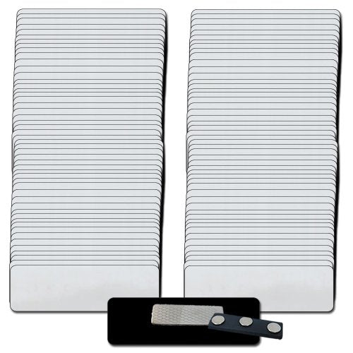 Magnetic Name Tags/Badges with Super Strong Neodymium Magnetic Fasteners UNATTACHED - 100 Pack Kit Includes Crystal Clear Gloss Printable Labels - Silver Badges 1/8th Rounded Corners 1 X 3 Inch