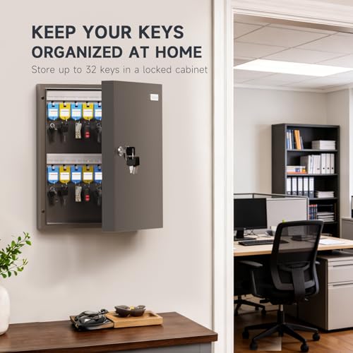 32-Keys Key Lock Box, Wall Mount Steel Key Organizer Cabinet with Key Tag