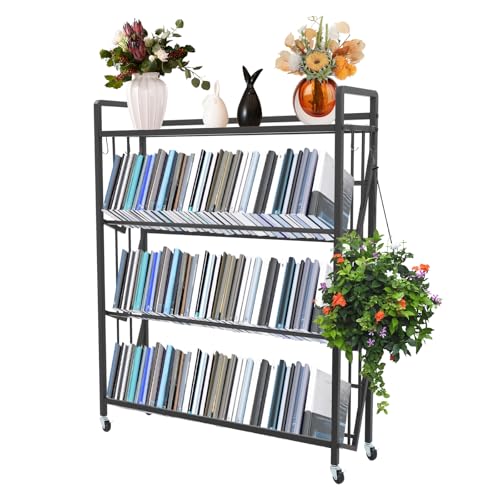 Silencear 4-Tier Book Cart, Rolling Bookshelf with Lockable Wheels, Mobile Book Storage Rack for Home Office Living Room Classroom, 35.4 * 9.8 * 44in (Black)