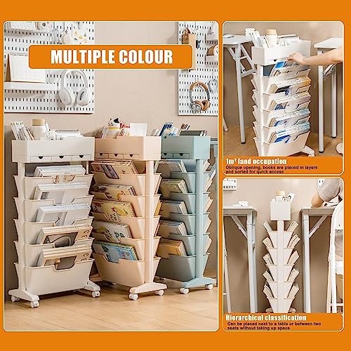 6 Tier Book Cart Storage Bookshelf, Vertical Narrow Bookshelf Organizer with Top partition Storage, Library Reading Rack/Magazine Rack, for Children Students Study in Bedroom Living Room Home School