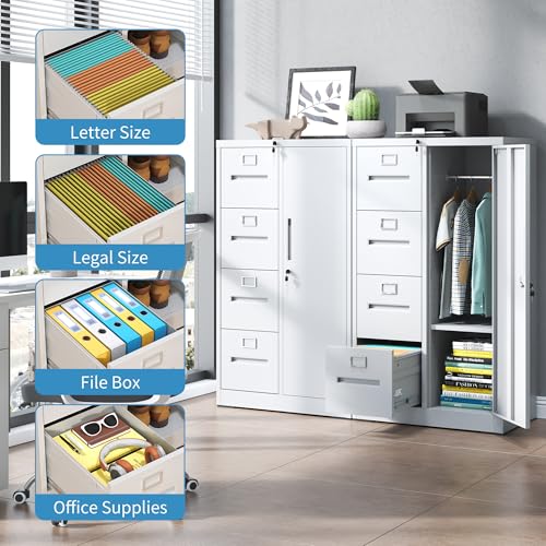 EKJ 4 Drawer Filing Cabinet with Lock, Metal Storage Locker Cabinets for Home Office, File Cabinet for Hanging File Folders Letter/Legal/A4/F4 Size Documents, Assembly Required