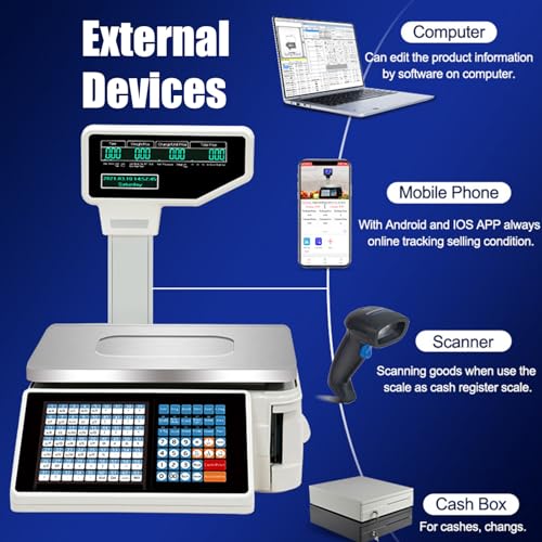 UMJIGF Digital Price Label Printing Scale, Electronic Weight Calculator Barcode Scales, Electronics Barcode Thermal Printer, for Supermarket/Retail Store,Machine+Cashbox,Machine+Scanner