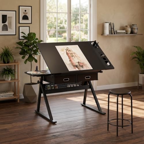 WZONICE98 Adjustable Drafting Table with 2 Drawers and Stool, Height Adjustable Tilting Art Desk for Home Office, School, Painting, Drawing, Black