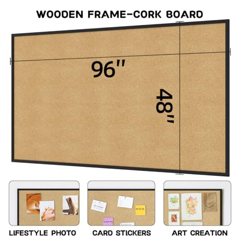 INNOVART Extra Large Cork Bulletin Board 96" X 48" Black Natural Wood Frame