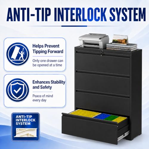 FOSTOKO 4 Drawer File Cabinet with Lock, Metal File Cabinet, Black