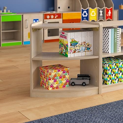 Classroom Essentials Commercial Grade Bow Front 2 Tier Wooden Classroom Open Corner Storage Unit, Safe, Kid Friendly Design, Natural